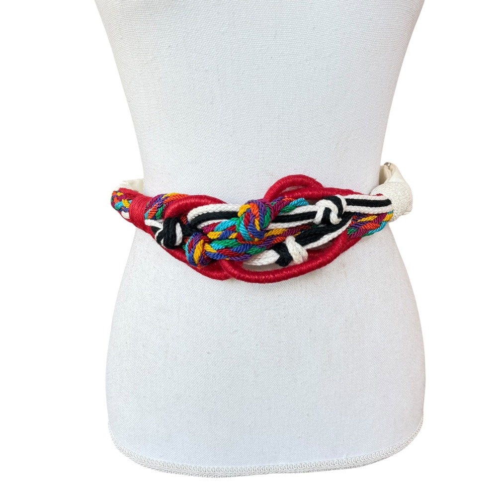 Carolyn Tanner Designs Vintage Multi Color Braided Rope Knot Belt Red Cream 38in